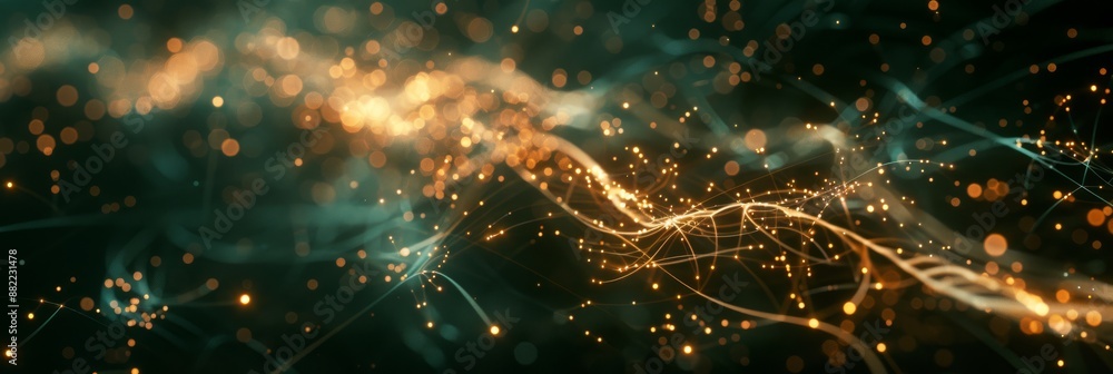 Poster Ethereal abstract light trails with sparkling particles against a dark background, creating dynamic movement.