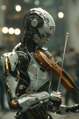 Fototapeta premium Futuristic Robot Playing Violin in Modern Setting with Soft Lighting and Blurred Background