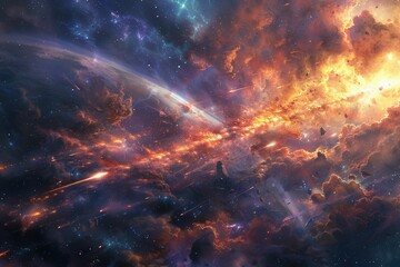 Naklejka premium Stunning Cosmic Explosion in Deep Space with Vibrant Colors and Celestial Bodies
