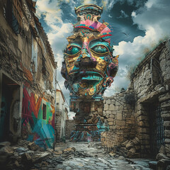 Fototapeta premium Ancient artifact, digital makeover, surrounded by vibrant street art in a traditional village Overcast weather, photography image, adding a nostalgic and surreal touch