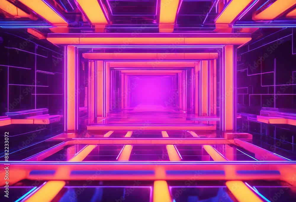 Poster in rendering retro primitive game neon panoramic synth three dimensional abstract 3d glowing backgro