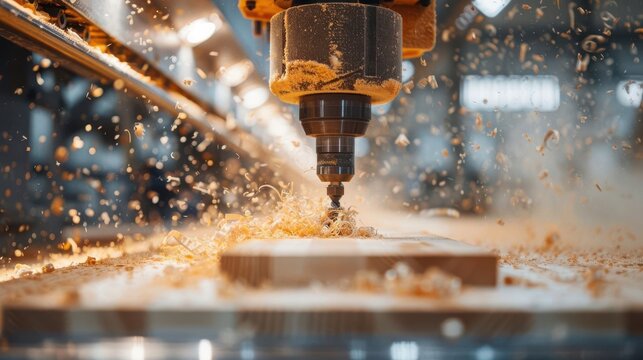 Close-up of an industrial CNC machine cutting wood in a workshop with sawdust and material flying during the machining process