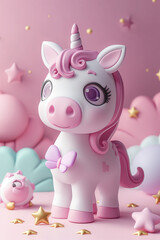 A lovely pink unicorn stands in a dreamy pastel setting, surrounded by stars and clouds, epitomizing cuteness.