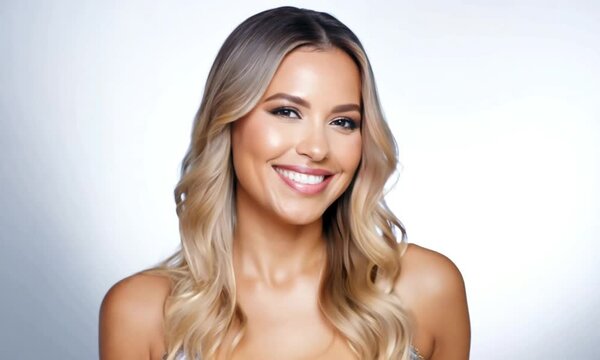 Smiling young woman with blonde hair and flawless teeth radiates happiness and health, embodying beauty and wellness. Perfect for beauty product promotions