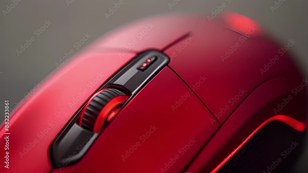 Poster a macro shot of a red wireless mouse showcasing its precise laser tracking capabilities.