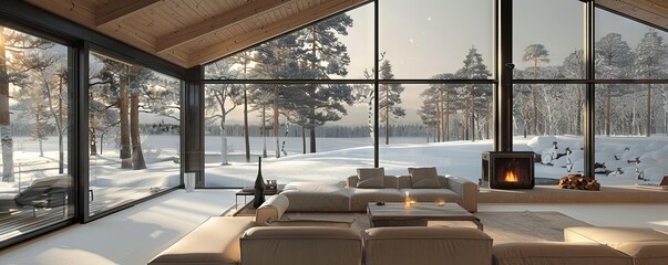 Fototapeta premium Scandinavian cabin with a minimalist design.