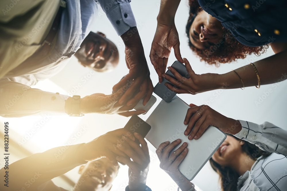 Aufkleber tech, business and hands of happy people in circle for data sharing, meeting or collaboration with c