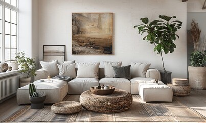 Scandinavian living room with a blank candle holder.