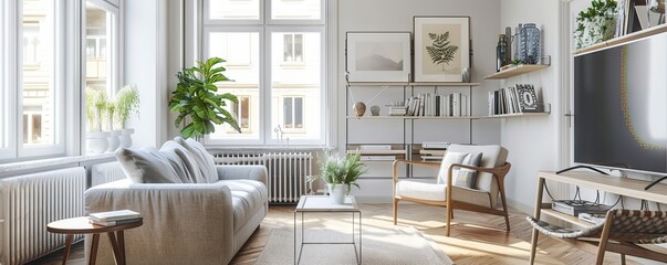 Scandinavian living room with an empty display shelf.