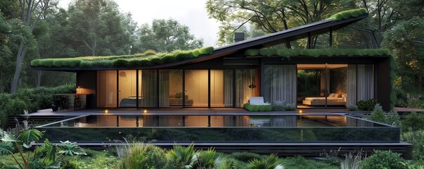Solar-powered eco-home with a green roof.