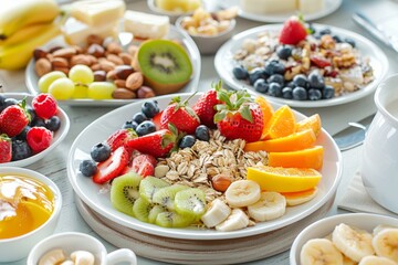 Wholesome breakfast spread with oatmeal, fruits, and nuts, perfect for a nutritious start to the day.