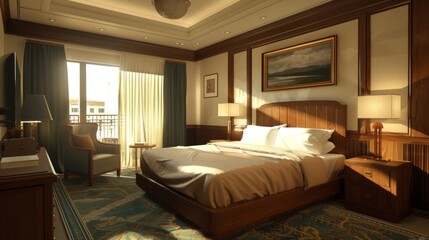 Luxury modern and contemporary hotel room interior, Cozy modern bedroom suite, Big double bed