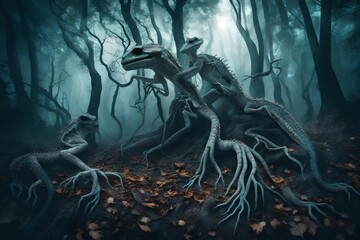 Spooky Halloween dead mysterious forest creepy trees with twisted roots and two lizard on misty night forest. Scary concept.