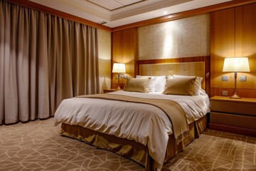 Luxury modern and contemporary hotel room interior, Cozy modern bedroom suite, Big double bed