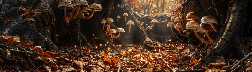 Enchanted mushroom circle, glowing softly, a hub of mystical connections, nestled among the roots and fallen leaves, absorbing the forests ancient wisdom,