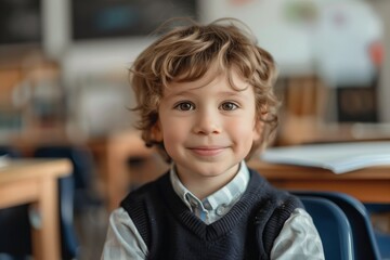 Caucasian seven year old boy in school uniform smiles at camera. Blue chair and blue pants part of back to school theme. Young student looks directly at photographer with happy expression.
