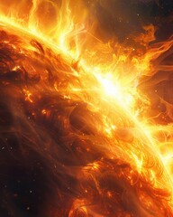 Sun with erupting solar flares, closeup, intense heat, bright yellow and orange, dark space background, vibrant and powerful