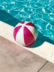 Obraz premium Close Up of a magenta and white Beach Ball by the Poolside. Colorful Summer Wallpaper