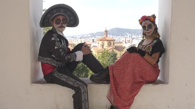 Catrina and Catrin Sitting in Colonial Window with City View