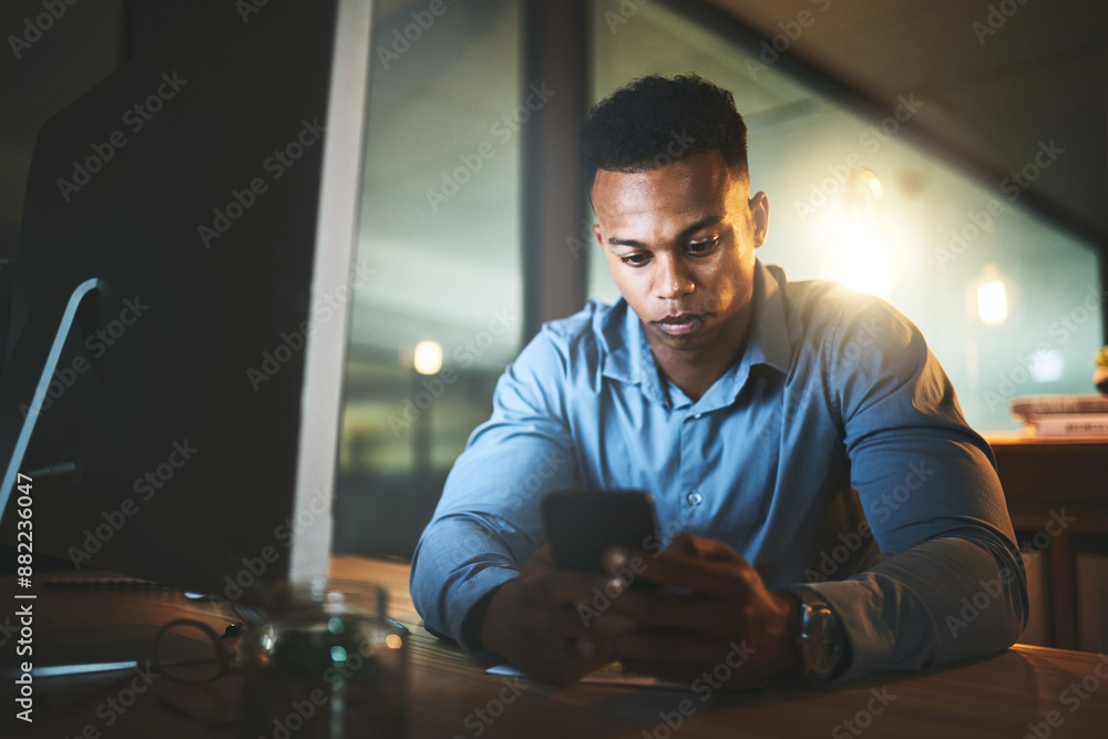 Poster night, search and black man at computer with phone, connection and business website at tech startup.