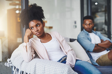 Ignore, woman and couple with conflict on sofa for cheating, betrayal or affair with angry or...