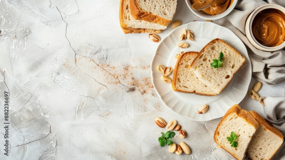 Canvas Prints Peanut butter sandwiches on a light table background Breakfast Vegetarian American cuisine top view with copy space