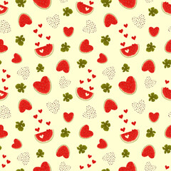  Vector seamless pattern with the image of the halves of the hearts of ripe red watermelon. With the image of watermelon leaves and seeds on a monochrome background. Summer background in a flat style