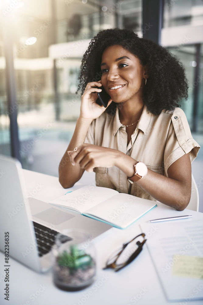 Poster office, laptop and woman with phone call, planning and connection for business lead, crm and consult