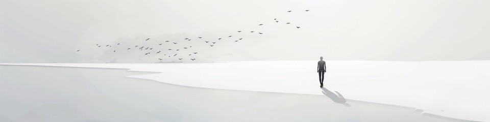 Obraz premium Abstract Minimalist Art Wallpaper with White Space and Flat Illustrations. AI-Generated High-Quality Image Evoking Quiet Solitude and Warm, Healing Comfort for Bestselling Books and Publications