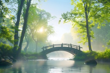 Serene misty morning in a lush green forest with a quaint wooden bridge over a tranquil river.