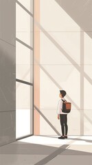 Fototapeta premium Young man visits art gallery. Teen boy explores exhibit with backpack on shoulder. Natural light fills room through large windows casting shadows. He looks at something outside frame.