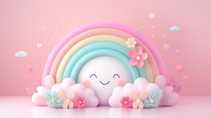A colorful rainbow with a smiling face and flowers surrounding it