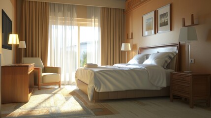 Luxury modern and contemporary hotel room interior, Cozy modern bedroom suite, Big double bed