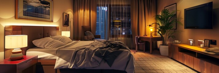Luxury modern and contemporary hotel room interior, Cozy modern bedroom suite, Big double bed
