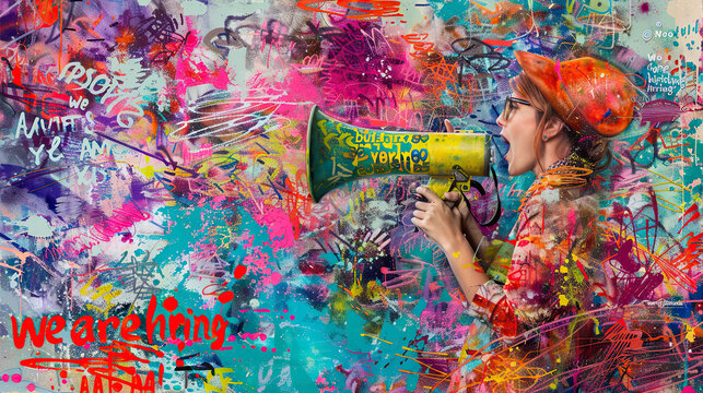 A woman speaking through a megaphone, " We are hiring " the style of Graffiti art. Copy Space