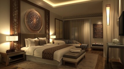 Luxury modern and contemporary hotel room interior, Cozy modern bedroom suite, Big double bed