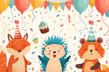 Whimsical animal friends celebrate a fun-filled party with balloons, cupcakes, and confetti.
