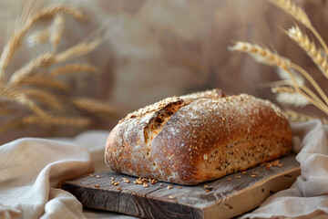 freshly baked bread on dark gray kitchen table, top view