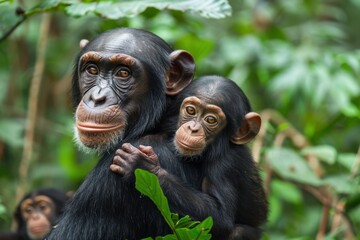 Mother Chimpanzee Holding her Baby in the Jungle.