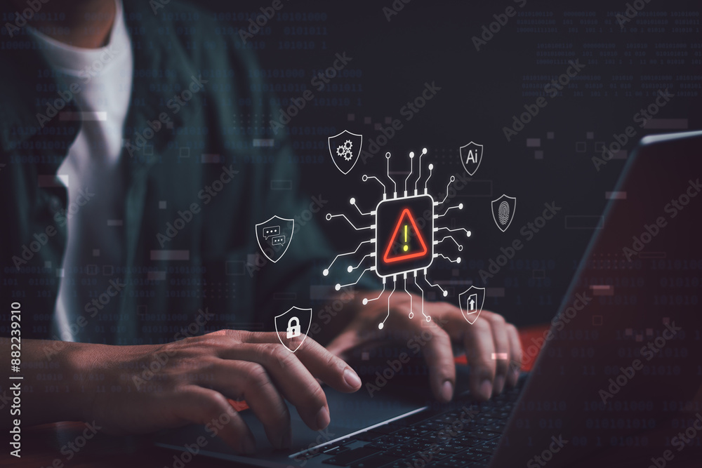 Poster ai security, error notification sign, concept of warning or alert, businessman shows warning about u