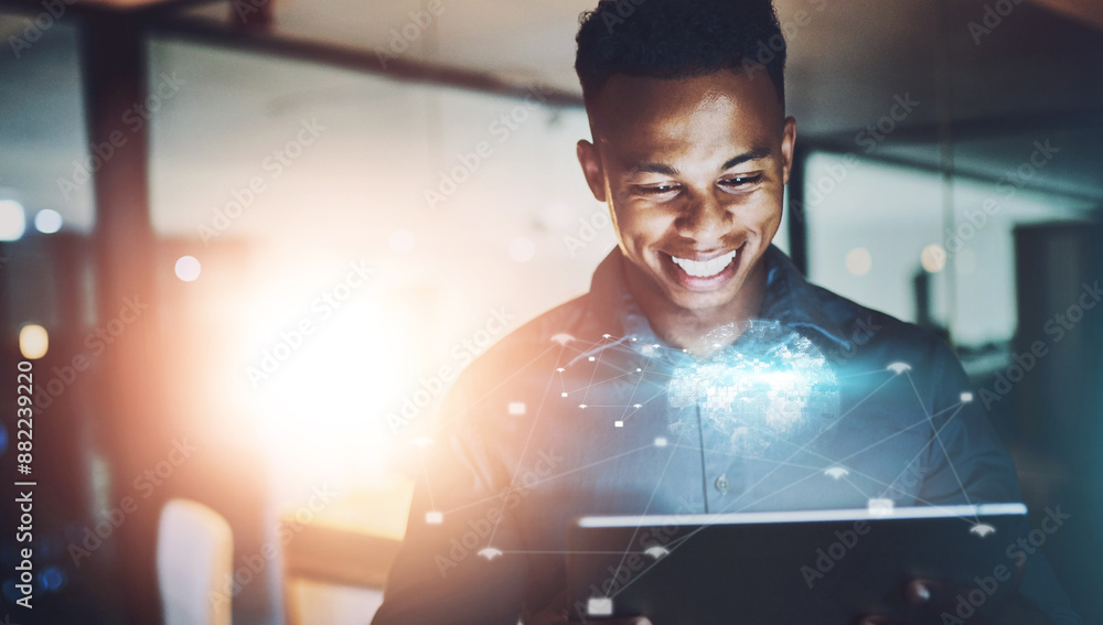 Aufkleber night, networking and black man with tablet, hologram and online global system for business connecti