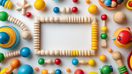 Baby kids wooden and fluffy toy frame background copy space