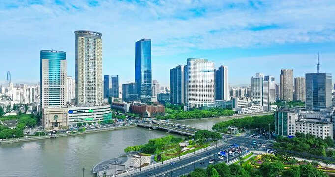 Building skyline and river background in modern city in Ningbo