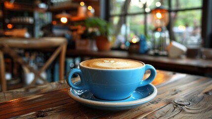 Fototapeta premium Blue Coffee Cup with Latte Art on Wooden Table.