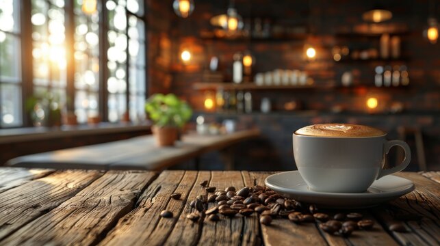 A cup of coffee in a rustic cafe.