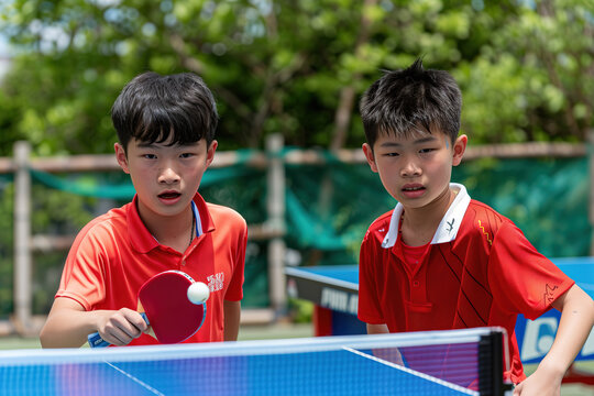 Two young boys playing an intense game of table tennis outdoors