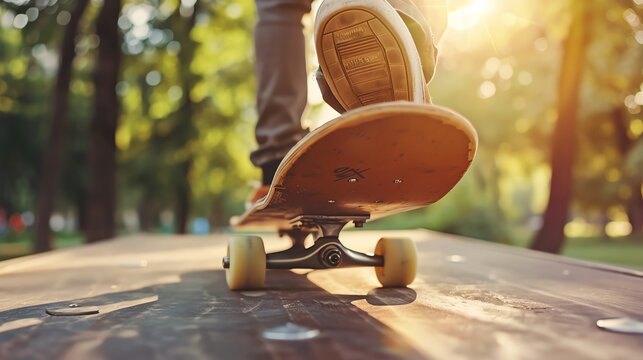 Close-up of a skateboarder's foot on a skateboard, riding on a wooden surface with a sunlit park background.