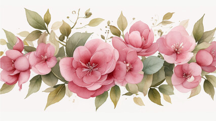 Watercolor floral border wreath with green leaves, pink peach blush and flower branches