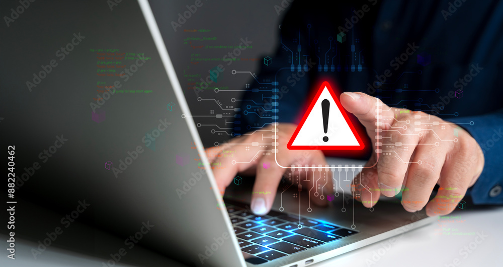 Poster system hacked warning alert. person use laptop with virtual warning sign for cyber attack.