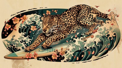 traditional Japanese tattoo style, leopard pouncing on a surfboard